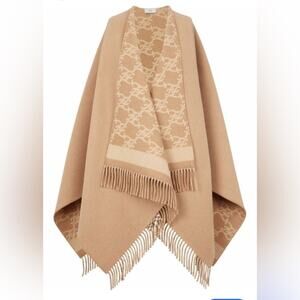 Fendi Reversible FF logo Shawl Cape Tan with Fringe wool Cashmere Blend Poncho